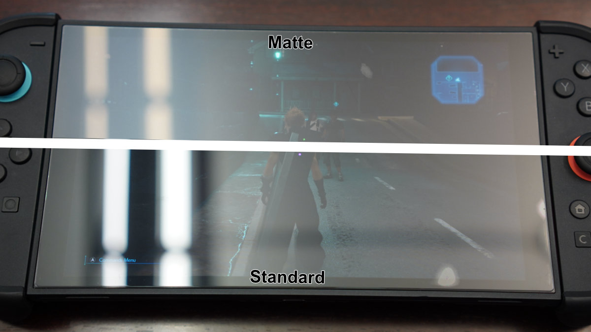 Matte and standard screen protectors compared on a Switch 2